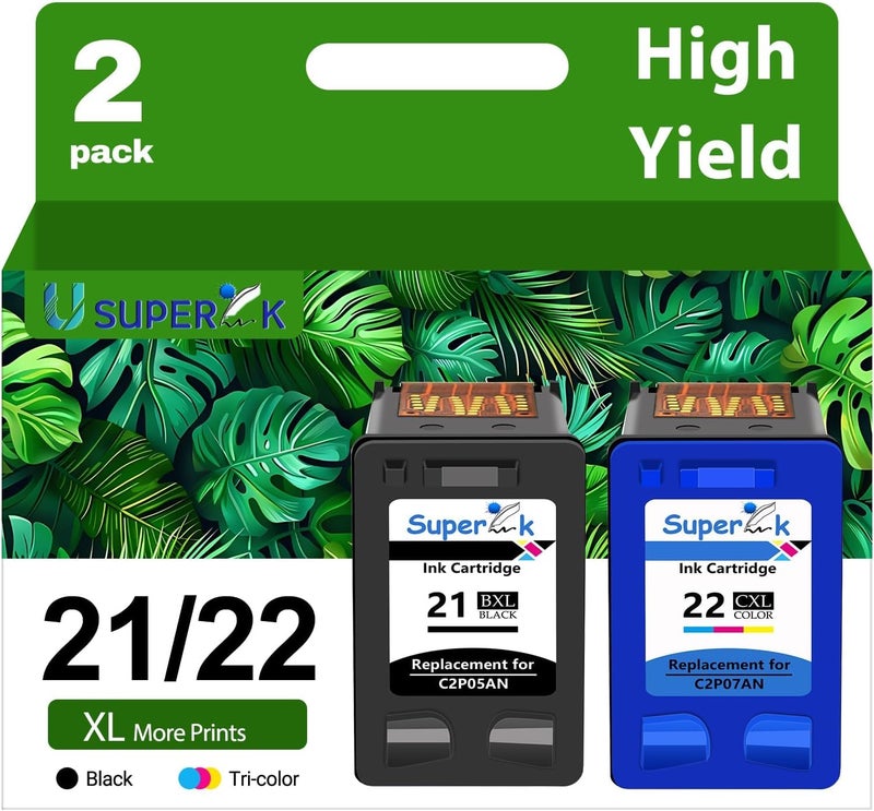 SuperInk 21XL 22XL Ink Cartridge Combo Pack Remanufactured for HP 21 22 21 XL 22 XL Compatible with DeskJet F4180 F2110 D1560 Officejet 4315 J3680 4315Y FAX 1250 3180 Printer (Black Tri-Color,2 Pack) - Image 1